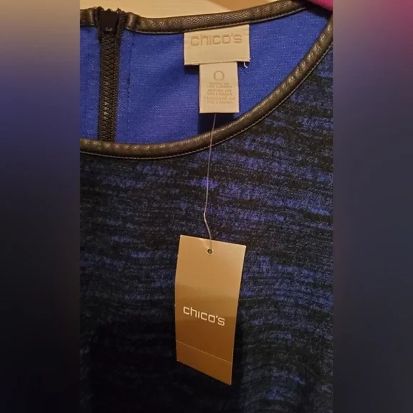 NWT Chico’s Faux Leather Trim Jacquard Blue Long Sleeve Dress Sz S/ Chicos Sz 0 - Picture 5 of 9